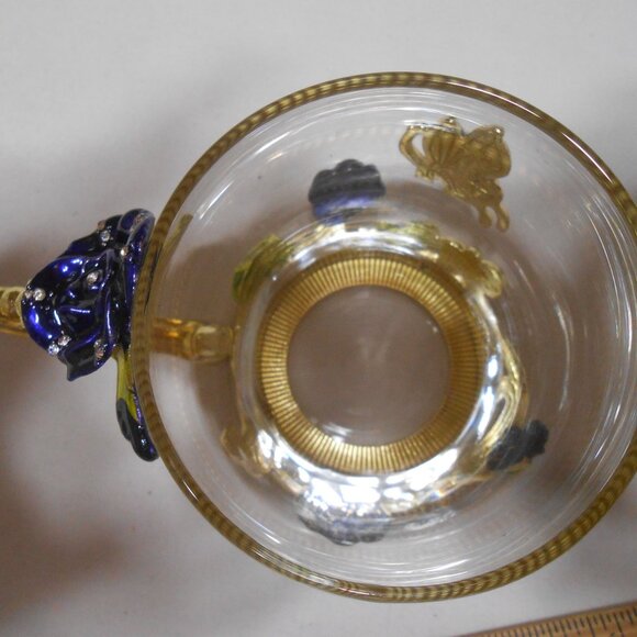 BEAUTIFUL GLASS ARC OF FRANCE DECORATIVE BUTTERFLY CUP MUG BLUE ROSE CLEAR STONE - Picture 2 of 9